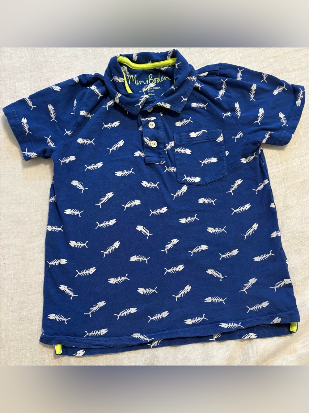 Mini Boden Boys Blue Fish Skeleton Print Polo Shirt Size 9-10Y